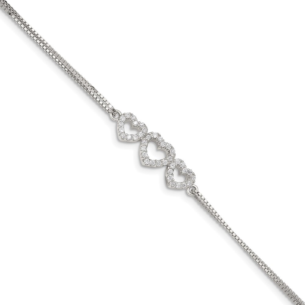 925 Sterling Silver Three Linked CZ Open Hearts 7" Bracelet 1" Ext, 7 Length